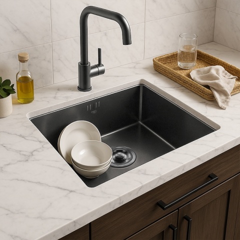 ZLEW KUCHENNY ZLEWOZMYWAK JEDNOKOMOROWY STALOWY GRAFITOWY RODOS-BL-50X40 SYFON UCHWYTY