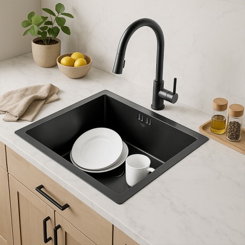 ZLEW KUCHENNY ZLEWOZMYWAK JEDNOKOMOROWY STALOWY GRAFITOWY RODOS-BL-50X40 SYFON UCHWYTY