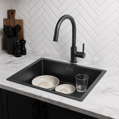 ZLEW KUCHENNY ZLEWOZMYWAK JEDNOKOMOROWY STALOWY GRAFITOWY RODOS-BL-74X47 SYFON UCHWYTY