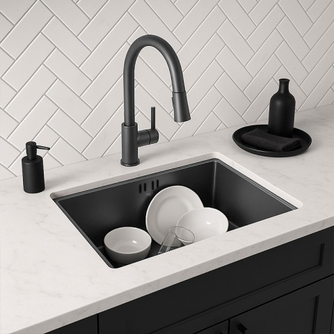 ZLEW KUCHENNY ZLEWOZMYWAK JEDNOKOMOROWY STALOWY GRAFITOWY RODOS-BL-74X47 SYFON UCHWYTY