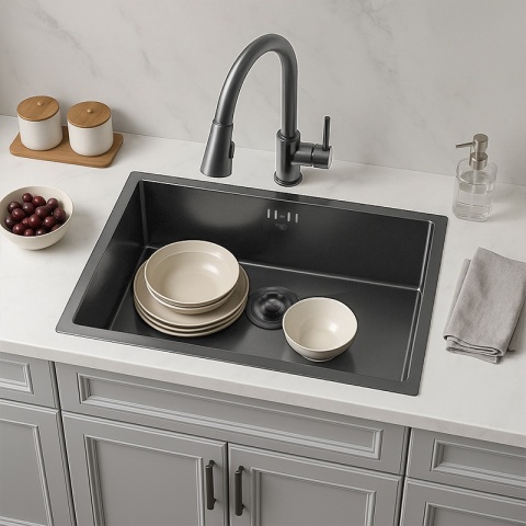 ZLEW KUCHENNY ZLEWOZMYWAK JEDNOKOMOROWY STALOWY GRAFITOWY RODOS-BL-74X47 SYFON UCHWYTY