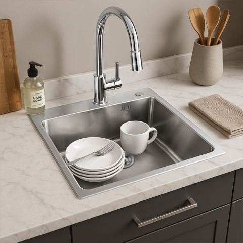 ZLEW KUCHENNY ZLEWOZMYWAK JEDNOKOMOROWY STALOWY INOX ALOR-CH-40X45 DOZOWNIK SYFON UCHWYTY