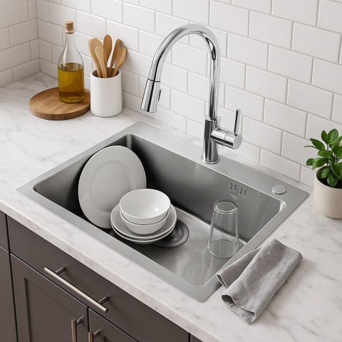 ZLEW KUCHENNY ZLEWOZMYWAK JEDNOKOMOROWY STALOWY INOX ALOR-CH-50X40 DOZOWNIK SYFON UCHWYTY