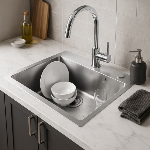 ZLEW KUCHENNY ZLEWOZMYWAK JEDNOKOMOROWY STALOWY INOX ALOR-CH-50X40 DOZOWNIK SYFON UCHWYTY