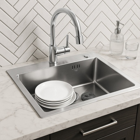 ZLEW KUCHENNY ZLEWOZMYWAK JEDNOKOMOROWY STALOWY INOX ALOR-CH-55X45 DOZOWNIK SYFON UCHWYTY