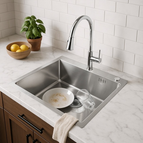 ZLEW KUCHENNY ZLEWOZMYWAK JEDNOKOMOROWY STALOWY INOX ALOR-CH-59X49 DOZOWNIK SYFON UCHWYTY