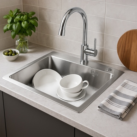 ZLEW KUCHENNY ZLEWOZMYWAK JEDNOKOMOROWY STALOWY INOX ALOR-CH-59X49 DOZOWNIK SYFON UCHWYTY