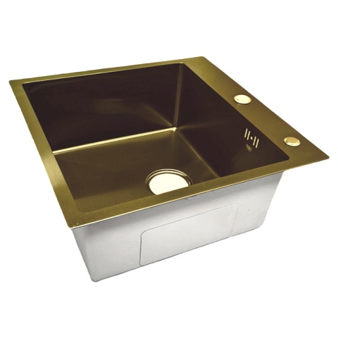 ZLEW KUCHENNY ZLEWOZMYWAK JEDNOKOMOROWY STALOWY ZŁOTY ALOR-GL-50X50 DOZOWNIK SYFON UCHWYTY