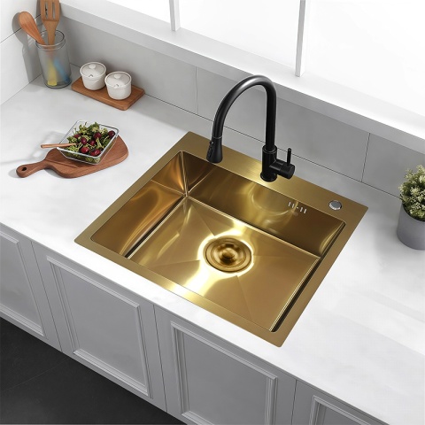 ZLEW KUCHENNY ZLEWOZMYWAK JEDNOKOMOROWY STALOWY ZŁOTY ALOR-GL-50X50 DOZOWNIK SYFON UCHWYTY