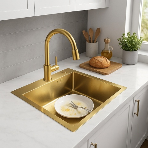 ZLEW KUCHENNY ZLEWOZMYWAK JEDNOKOMOROWY STALOWY ZŁOTY ALOR-GL-50X50 DOZOWNIK SYFON UCHWYTY