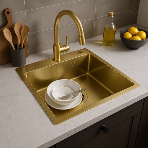 ZLEW KUCHENNY ZLEWOZMYWAK JEDNOKOMOROWY STALOWY ZŁOTY ALOR-GL-50X50 DOZOWNIK SYFON UCHWYTY