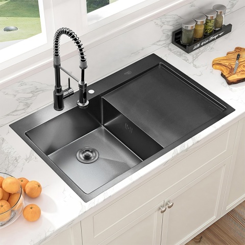 ZLEW KUCHENNY ZLEWOZMYWAK JEDNOKOMOROWY Z OCIEKACZEM STALOWY GRAFITOWY MILOS-BL-78X48 DOZOWNIK SYFON UCHWYTY