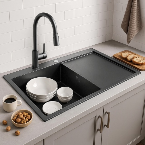 ZLEW KUCHENNY ZLEWOZMYWAK JEDNOKOMOROWY Z OCIEKACZEM STALOWY GRAFITOWY MILOS-BL-78X48 DOZOWNIK SYFON UCHWYTY