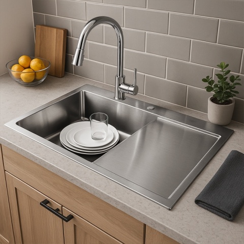 ZLEW KUCHENNY ZLEWOZMYWAK JEDNOKOMOROWY Z OCIEKACZEM STALOWY INOX MILOS-CH-78X48 DOZOWNIK SYFON UCHWYTY