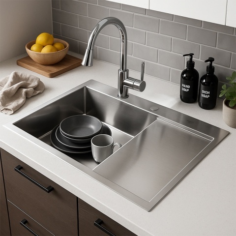 ZLEW KUCHENNY ZLEWOZMYWAK JEDNOKOMOROWY Z OCIEKACZEM STALOWY INOX MILOS-CH-78X48 DOZOWNIK SYFON UCHWYTY