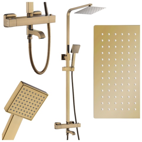 BATERIA PRYSZNICOWA Z DESZCZOWNICĄ TERMOSTATEM T154C ZŁOTA SZCZOTKOWANA