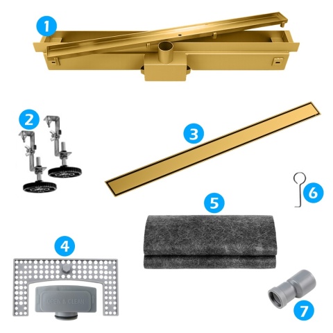 ODPŁYW LINIOWY ŚCIENNY 50 CM ZŁOTY NISKI SYFON WYSOKA PRZEPUSTOWOŚĆ DL04