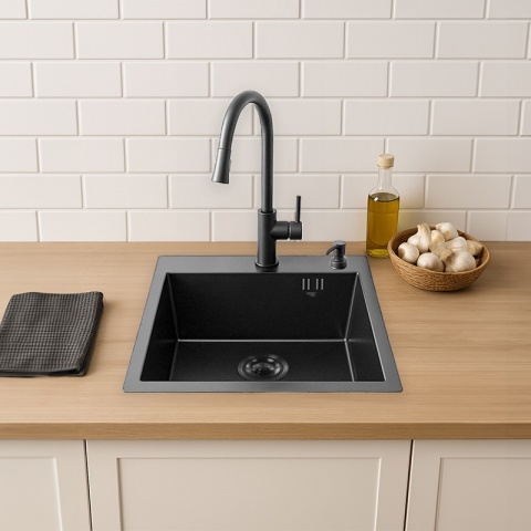 ZLEW KUCHENNY ZLEWOZMYWAK JEDNOKOMOROWY STALOWY GRAFITOWY ALOR-BL-40X45 DOZOWNIK SYFON UCHWYTY