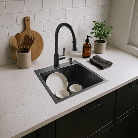 ZLEW KUCHENNY ZLEWOZMYWAK JEDNOKOMOROWY STALOWY GRAFITOWY ALOR-BL-40X45 DOZOWNIK SYFON UCHWYTY