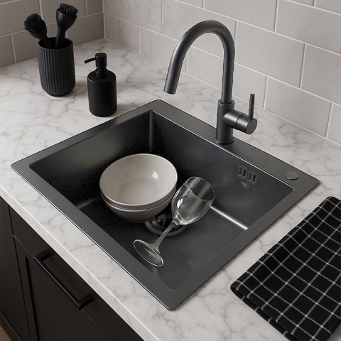 ZLEW KUCHENNY ZLEWOZMYWAK JEDNOKOMOROWY STALOWY GRAFITOWY ALOR-BL-50X40 DOZOWNIK SYFON UCHWYTY