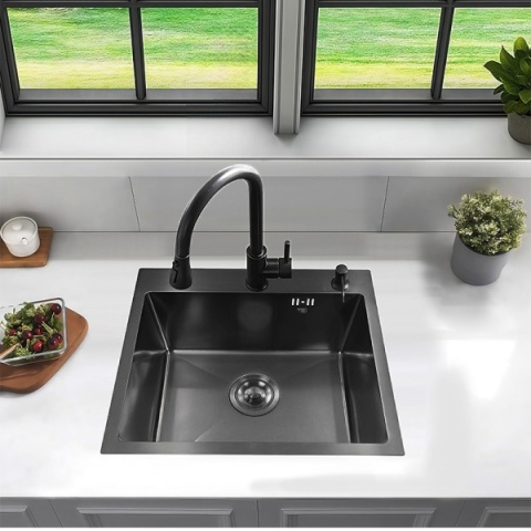 ZLEW KUCHENNY ZLEWOZMYWAK JEDNOKOMOROWY STALOWY GRAFITOWY ALOR-BL-50X40 DOZOWNIK SYFON UCHWYTY