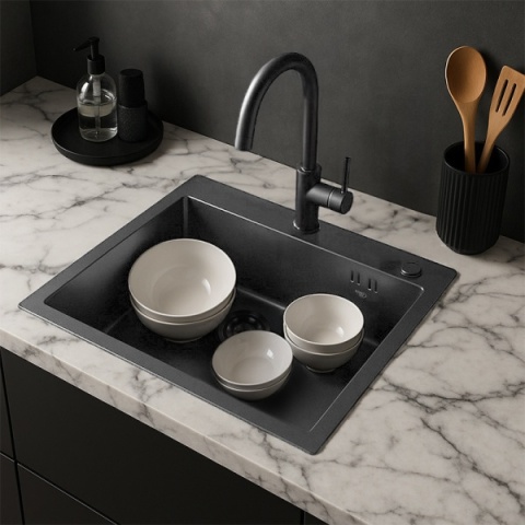 ZLEW KUCHENNY ZLEWOZMYWAK JEDNOKOMOROWY STALOWY GRAFITOWY ALOR-BL-50X40 DOZOWNIK SYFON UCHWYTY