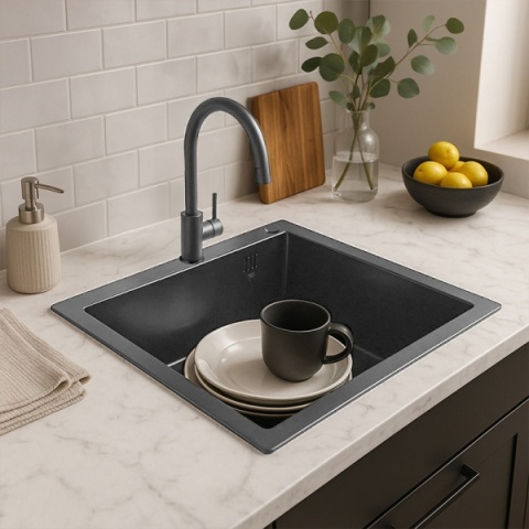 ZLEW KUCHENNY ZLEWOZMYWAK JEDNOKOMOROWY STALOWY GRAFITOWY ALOR-BL-50X50 DOZOWNIK SYFON UCHWYTY