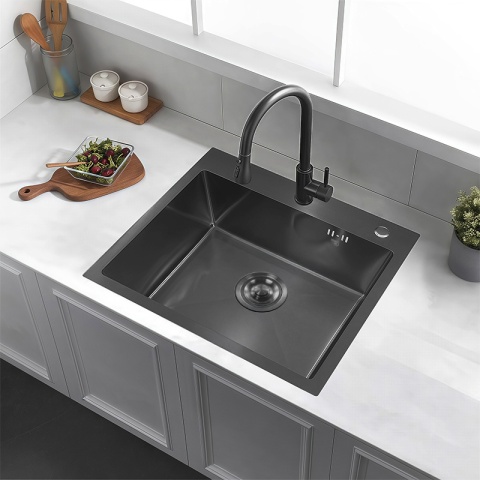 ZLEW KUCHENNY ZLEWOZMYWAK JEDNOKOMOROWY STALOWY GRAFITOWY ALOR-BL-55X45 DOZOWNIK SYFON UCHWYTY