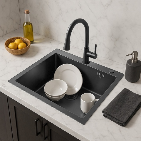 ZLEW KUCHENNY ZLEWOZMYWAK JEDNOKOMOROWY STALOWY GRAFITOWY ALOR-BL-55X45 DOZOWNIK SYFON UCHWYTY