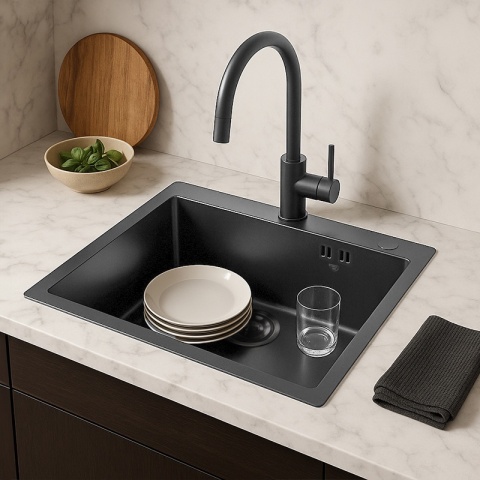 ZLEW KUCHENNY ZLEWOZMYWAK JEDNOKOMOROWY STALOWY GRAFITOWY ALOR-BL-55X45 DOZOWNIK SYFON UCHWYTY