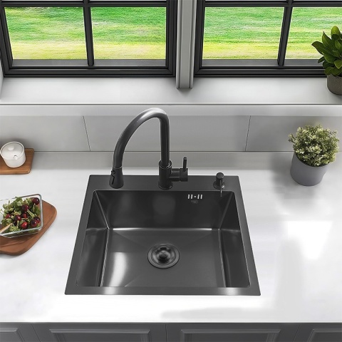 ZLEW KUCHENNY ZLEWOZMYWAK JEDNOKOMOROWY STALOWY GRAFITOWY TONGA-BL-50X45 DOZOWNIK SYFON UCHWYTY