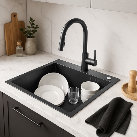 ZLEW KUCHENNY ZLEWOZMYWAK JEDNOKOMOROWY STALOWY GRAFITOWY TONGA-BL-50X45 DOZOWNIK SYFON UCHWYTY