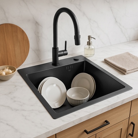 ZLEW KUCHENNY ZLEWOZMYWAK JEDNOKOMOROWY STALOWY GRAFITOWY TONGA-BL-50X45 DOZOWNIK SYFON UCHWYTY