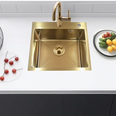 ZLEW KUCHENNY ZLEWOZMYWAK JEDNOKOMOROWY STALOWY ZŁOTY ALOR-GL-40X45 DOZOWNIK SYFON UCHWYTY