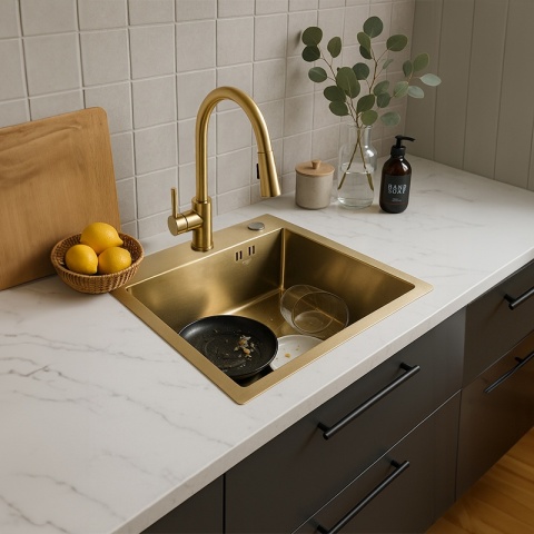 ZLEW KUCHENNY ZLEWOZMYWAK JEDNOKOMOROWY STALOWY ZŁOTY ALOR-GL-40X45 DOZOWNIK SYFON UCHWYTY