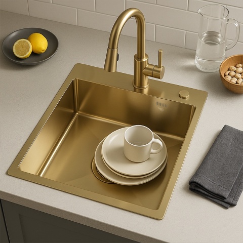 ZLEW KUCHENNY ZLEWOZMYWAK JEDNOKOMOROWY STALOWY ZŁOTY ALOR-GL-40X45 DOZOWNIK SYFON UCHWYTY