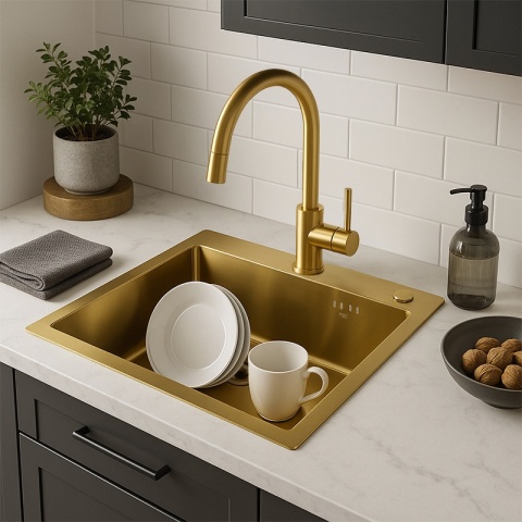 ZLEW KUCHENNY ZLEWOZMYWAK JEDNOKOMOROWY STALOWY ZŁOTY ALOR-GL-50X40 DOZOWNIK SYFON UCHWYTY