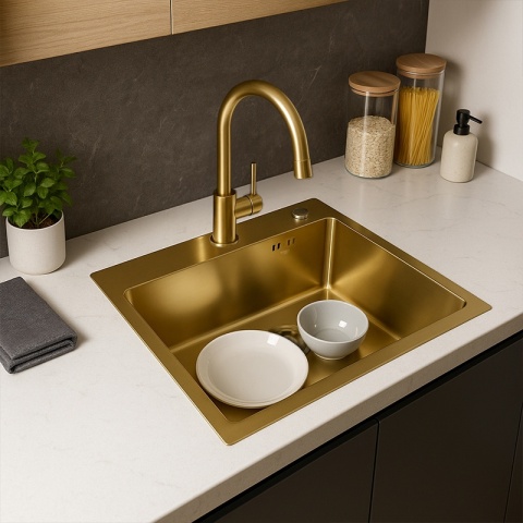 ZLEW KUCHENNY ZLEWOZMYWAK JEDNOKOMOROWY STALOWY ZŁOTY ALOR-GL-50X40 DOZOWNIK SYFON UCHWYTY