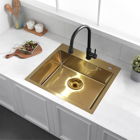 ZLEW KUCHENNY ZLEWOZMYWAK JEDNOKOMOROWY STALOWY ZŁOTY ALOR-GL-55X45 DOZOWNIK SYFON UCHWYTY