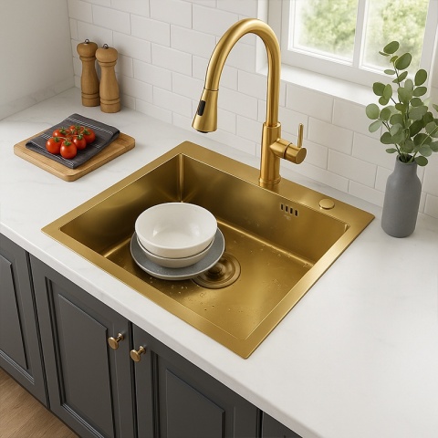 ZLEW KUCHENNY ZLEWOZMYWAK JEDNOKOMOROWY STALOWY ZŁOTY ALOR-GL-55X45 DOZOWNIK SYFON UCHWYTY