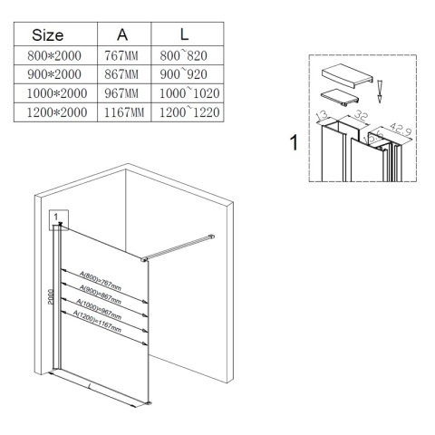 ŚCIANKA PRYSZNICOWA SH07C CZARNA 90 CM 8 MM