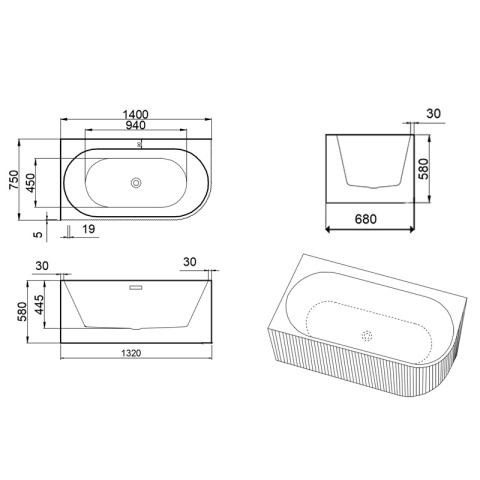 WANNA WOLNOSTOJĄCA PRZYŚCIENNA RYFLOWANA RIO 504A LEWA BIAŁA PRZELEW CHROM 140x75 CM