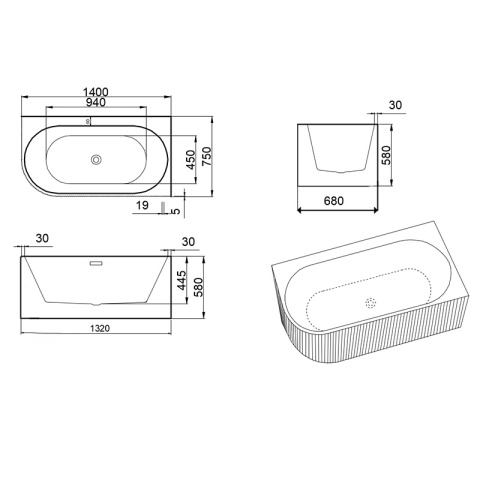 WANNA WOLNOSTOJĄCA PRZYŚCIENNA RYFLOWANA RIO 504A PRAWA BIAŁA ZŁOTY SZCZOTKOWANY 140x75 CM