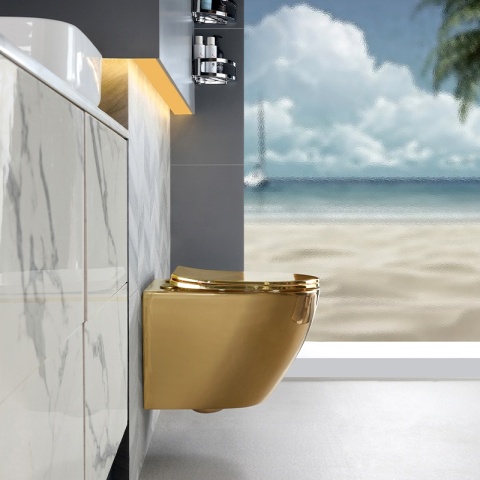 MISKA WC WISZĄCA TORNADO FLOW-GL-BL-TR-03 ZŁOTA DESKA WOLNOOPADAJĄCA DUROPLAST