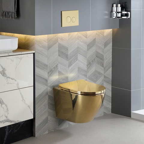 MISKA WC WISZĄCA TORNADO FLOW-GL-BL-TR-03 ZŁOTA DESKA WOLNOOPADAJĄCA DUROPLAST