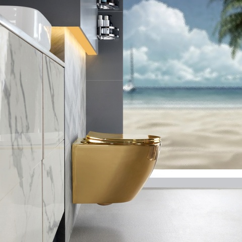 MISKA WC WISZĄCA TORNADO FLOW-GL-WH-TR-03 ZŁOTA DESKA WOLNOOPADAJĄCA DUROPLAST