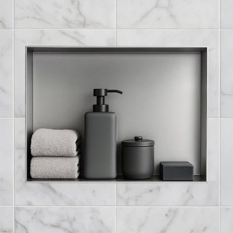 PÓŁKA ŁAZIENKOWA WNĘKOWA UNO BEZ KOŁNIERZA CHROM 45X30X7 CM