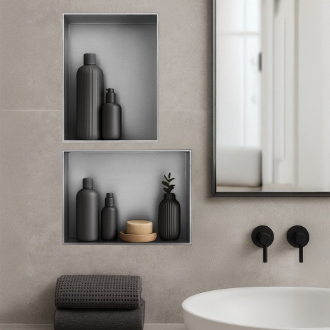 PÓŁKA ŁAZIENKOWA WNĘKOWA UNO BEZ KOŁNIERZA CHROM 45X30X7 CM