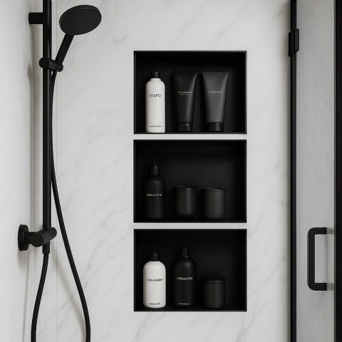 PÓŁKA ŁAZIENKOWA WNĘKOWA UNO BEZ KOŁNIERZA CZARNA 45X30X10 CM