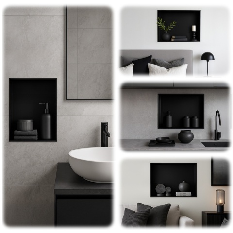 PÓŁKA ŁAZIENKOWA WNĘKOWA UNO BEZ KOŁNIERZA CZARNA 45X30X10 CM